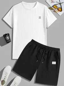 Jacquard textured fabric 2-piece set for men's summer casual solid color round neck T-shirt and shorts, with drawstring waistband design, suitable for daily wear, regular fit, breathable and cool, a must-have set for summer, comfortable and versatile