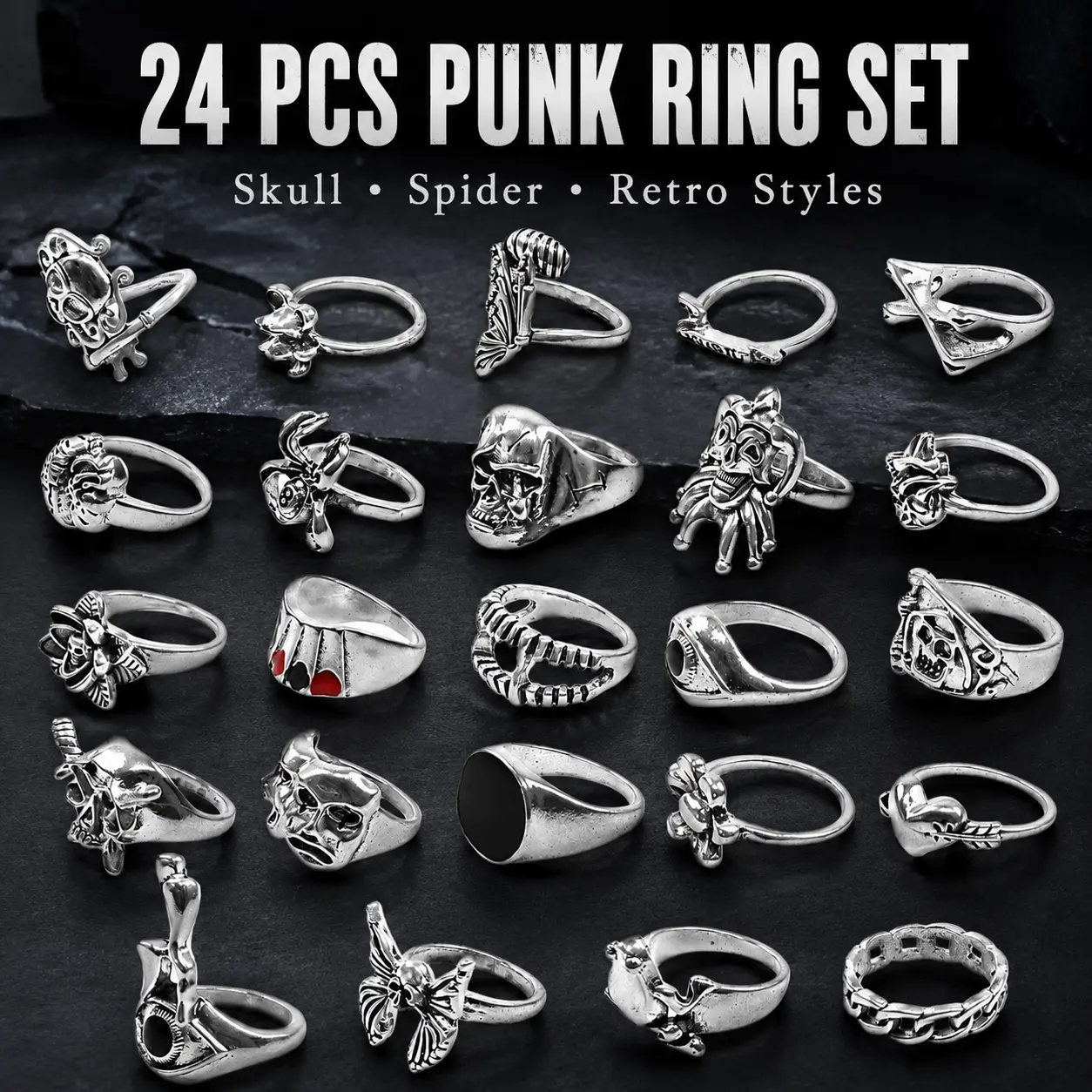 New Dark Hip Hop Skull Spider Playing Cards Retro Ring Set of 24 Pieces - Punk Style Ring Accessories - Cool Father's Day and Halloween Gift