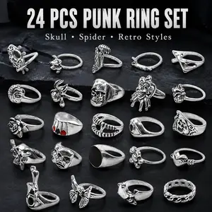 New Dark Hip Hop Skull Spider Playing Cards Retro Ring Set of 24 Pieces - Punk Style Ring Accessories - Cool Father's Day and Halloween Gift