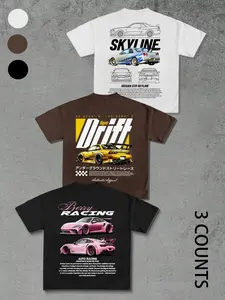 Men's Casual Car Print 3 Pack T-Shirts, Racing Car Print, Comfortable Soft Fabric, Essential for Car Enthusiasts, Summer Daily Wear
