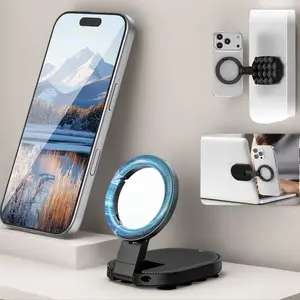 2-in-1 magnetic or suction cup phone holder attaches to glass or walls and is compatible with iPhone 17/16/15/14. It comes with a hook for convenient portability.