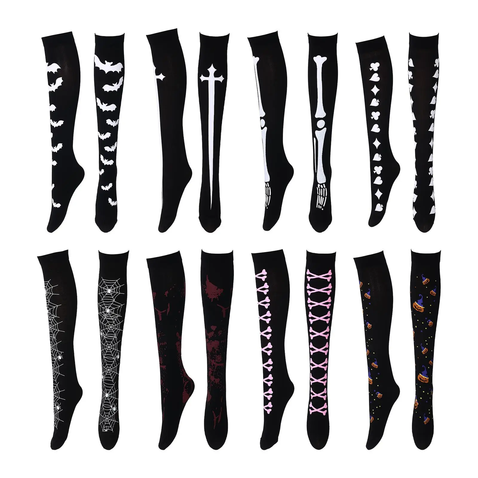 OIDEA Women's 8-Pack Gothic Halloween Knee-High Socks - Lightweight, Breathable, Stretchy Polyester Mesh Fabric Hosiery with Skull, Spider Web, Blood Stain Prints for Halloween Party Outfits