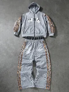 Men's Leopard Print Hoodie Set, Fitted Jogger Pants, Functional Pockets, & Abstract Design, Streetwear Casual