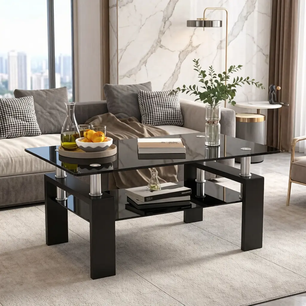 Black Glass Coffee Table for Living Room, Mordern Rectangle Tempered Glass Sofa Center Tables with Black Metal Leg for Home Office