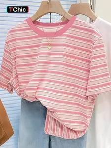 Women's Jersey Knit Striped Short Sleeve T-Shirt, Ribbed Crew Neck,Gradient Stripe, Daily Casual Commute Vacation Summer Wear, Breathable Stretchy Soft Skin-Friendly, Casual Style