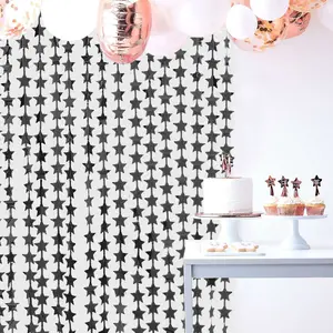 Black Star Chain Foil Fringe Curtain Party Backdrop, Metallic Black Tinsel Streamer Party Decor - Door Window Foil Curtain - 3ftx6.5ft