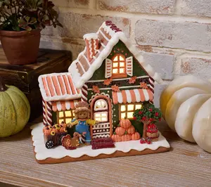 Illuminated Harvest House Decor with Scarecrow and Pumpkins by Valerie