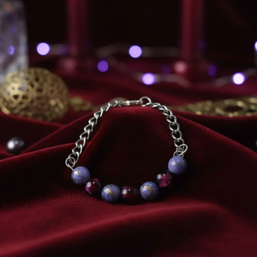 Memory Wire and Chain Dark Red and Purple Glass Beaded Bracelet with Colorful Beads and Chain for Stylish Elegance