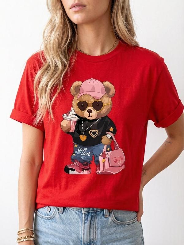 Women's Fitted Red Teddy Bear Print Cotton Crew Neck Short-Sleeve Novelty Graphic Tee - Comfortable, Breathable, Soft, Easy-Wash, Fashionable Casual Wear