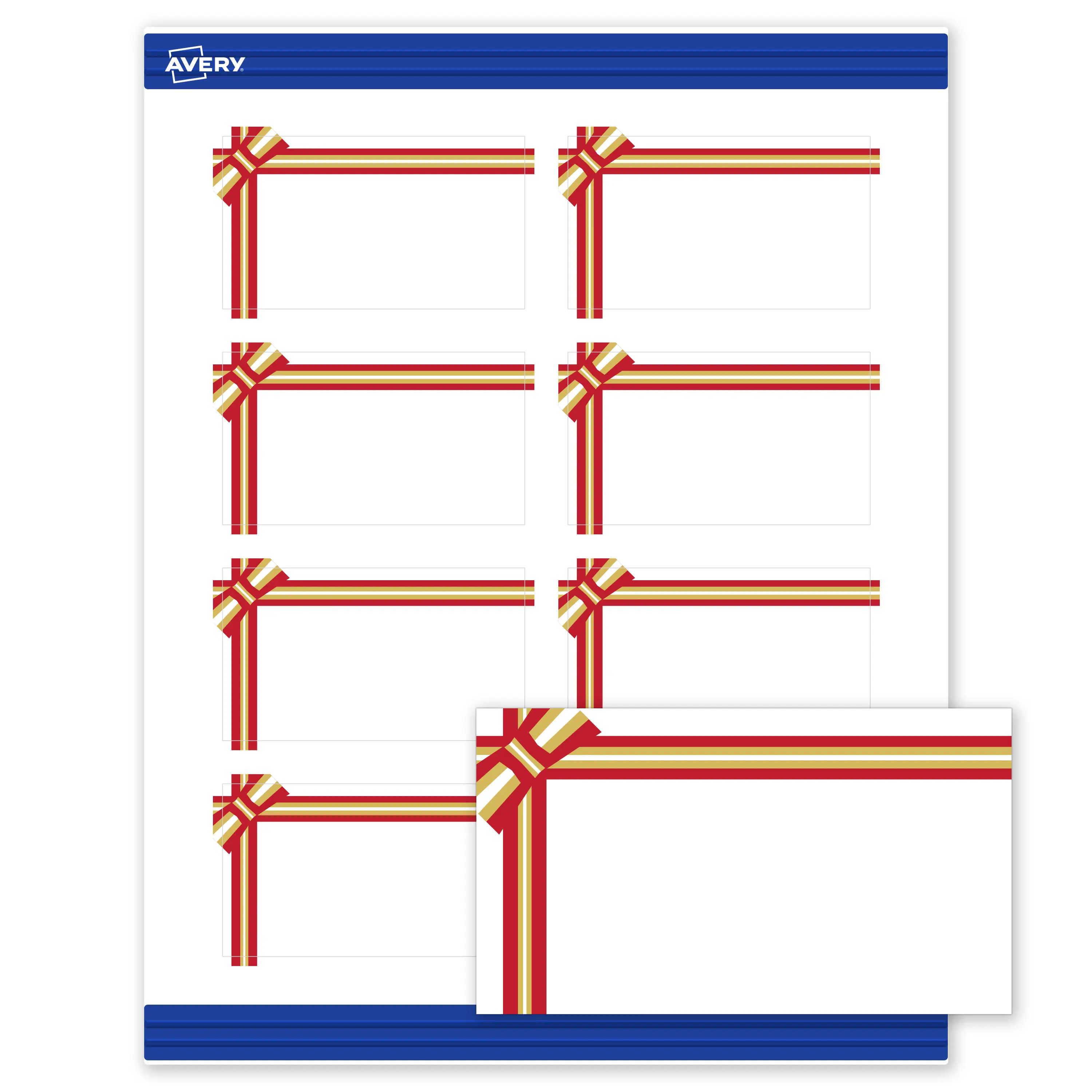 Avery® Printable Christmas Business Cards with Sure Feed® Technology, Rectangle, 2" x 3-1/2", Pre-Printed Red & Metallic Gold Gift Bow Design, Matte White, Laser & Inkjet Compatible, 80 Total
