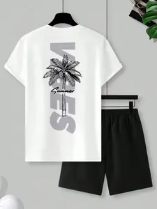 Summer Palm Tree Graphic Two Piece Loungewear Set, Oversized Short Sleeve Tee & Casual Shorts, Y2K Aesthetic Streetwear, Comfy Casual Summer Outfit for Beach, Vacation, Daily Wear
