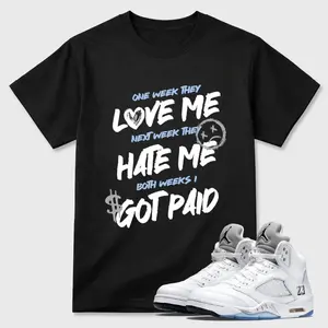 Shirt to match White Metallic 5 Sneaker, White Metallic 5 Outfit, White Silver Sneaker Outfit Tee, Casual Streetwear For Men Women
