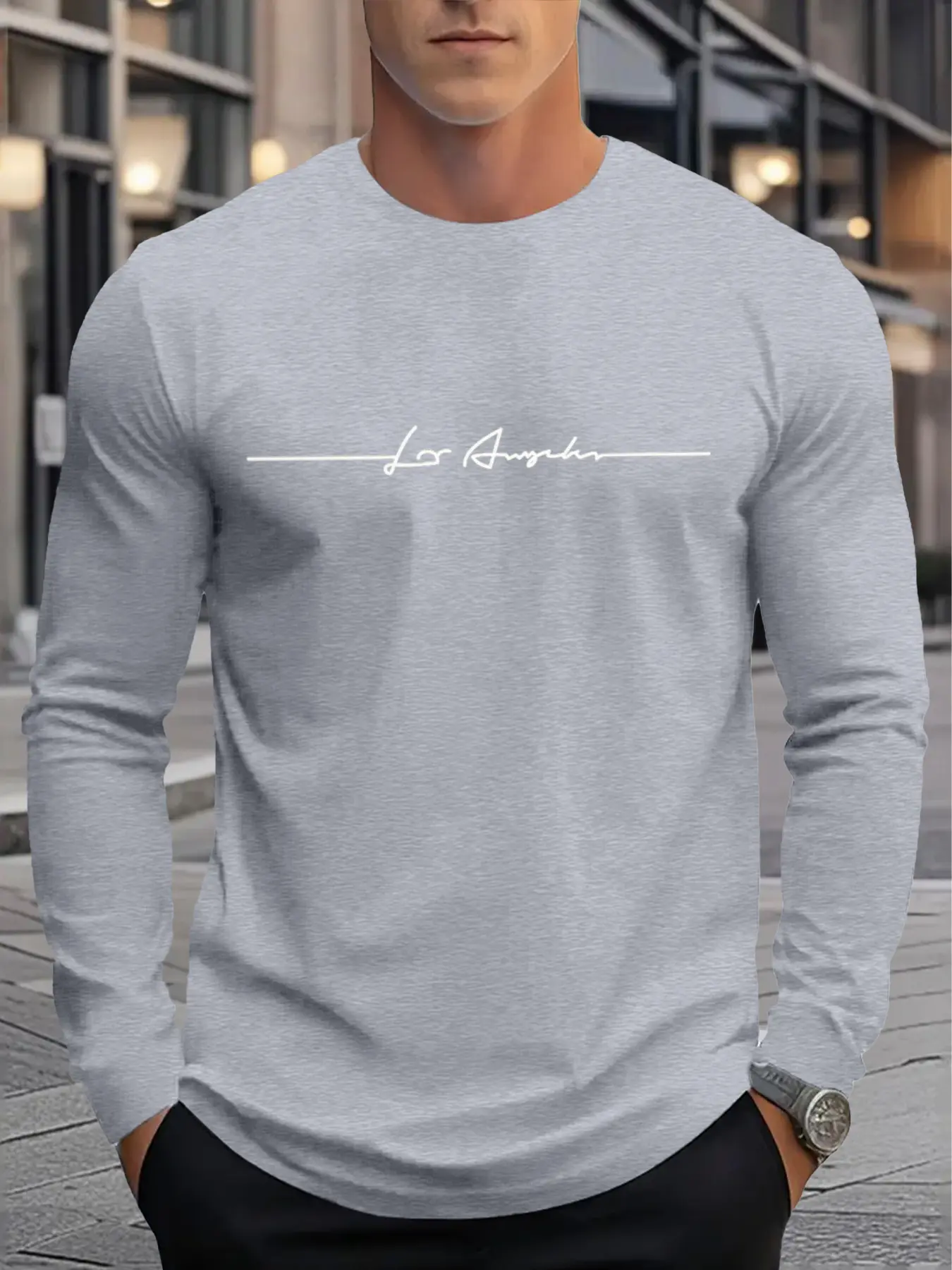 Men's Casual Long Sleeve Athletic Tee, All-Season Versatile Casual Sports Top - Los Angeles Signature Design, Medium Size for Outdoor Sports & Workouts, Casual Sports Tops