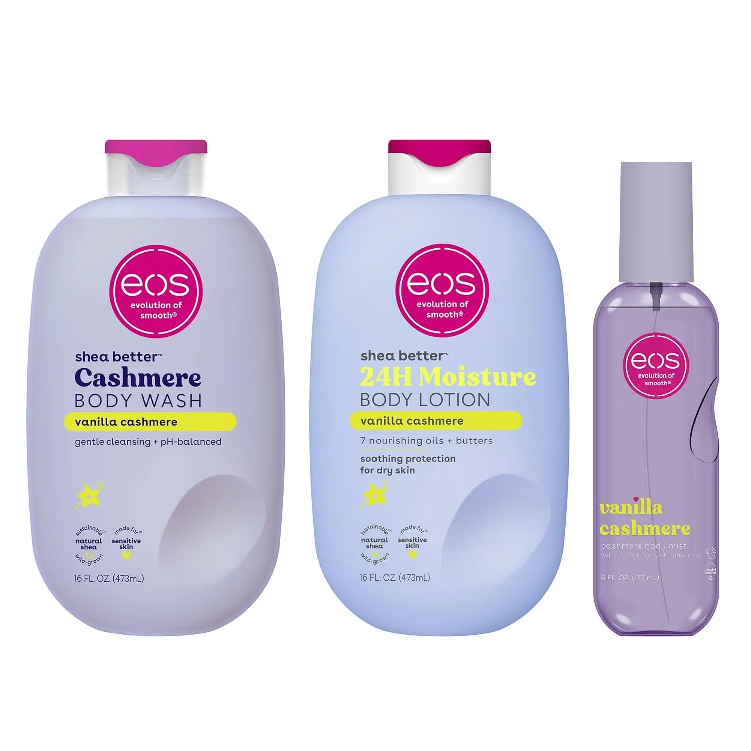 eos Vanilla Cashmere Scent Layering Bundle - Body Wash, Body Mist, Body Lotion