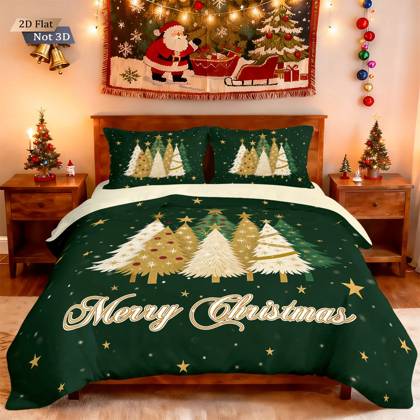 Christmas Tree Print Bedding Set, Soft Fabric Comfort Sleep, Perfect Holiday Gift (1 Fitted Sheet + 2 Pillowcases)