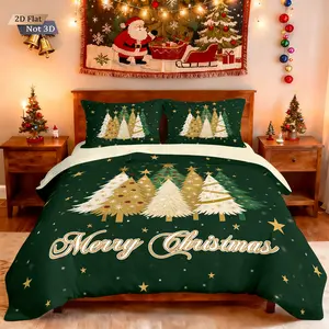 3-Piece Gold Christmas Tree Print Bedding Set, Holiday Festive Series, Soft Fabric for Comfortable Sleep, Perfect Winter Decoration Gift