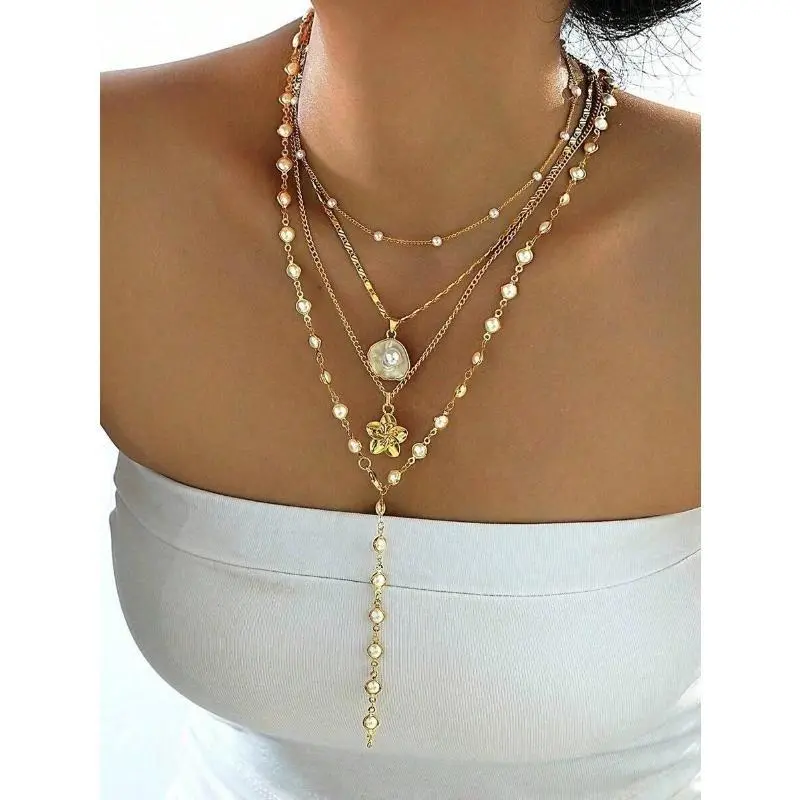 4-Piece Bohemian Layered Dainty Necklace Set, Women's Golden Tone Jewelry with Shell, Faux Pearl, Floral Tassel & Crystal Beaded Choker, Golden Tone Chain
