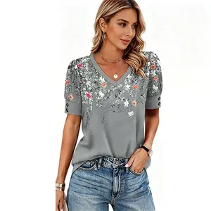 Women's V Neck Button Short Sleeve Blouse, Casual Floral Print Tunic Tops, Dressy Casual Work Shirts for Women summer clothes