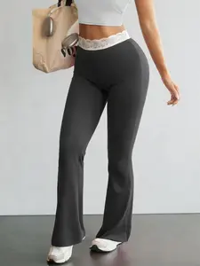 Women's Lace Trim Waistband High-Waisted Leggings, Stretchy Tight-Fitting Pants for Gym Workout Street Outdoor Casual Running Hiking All Seasons