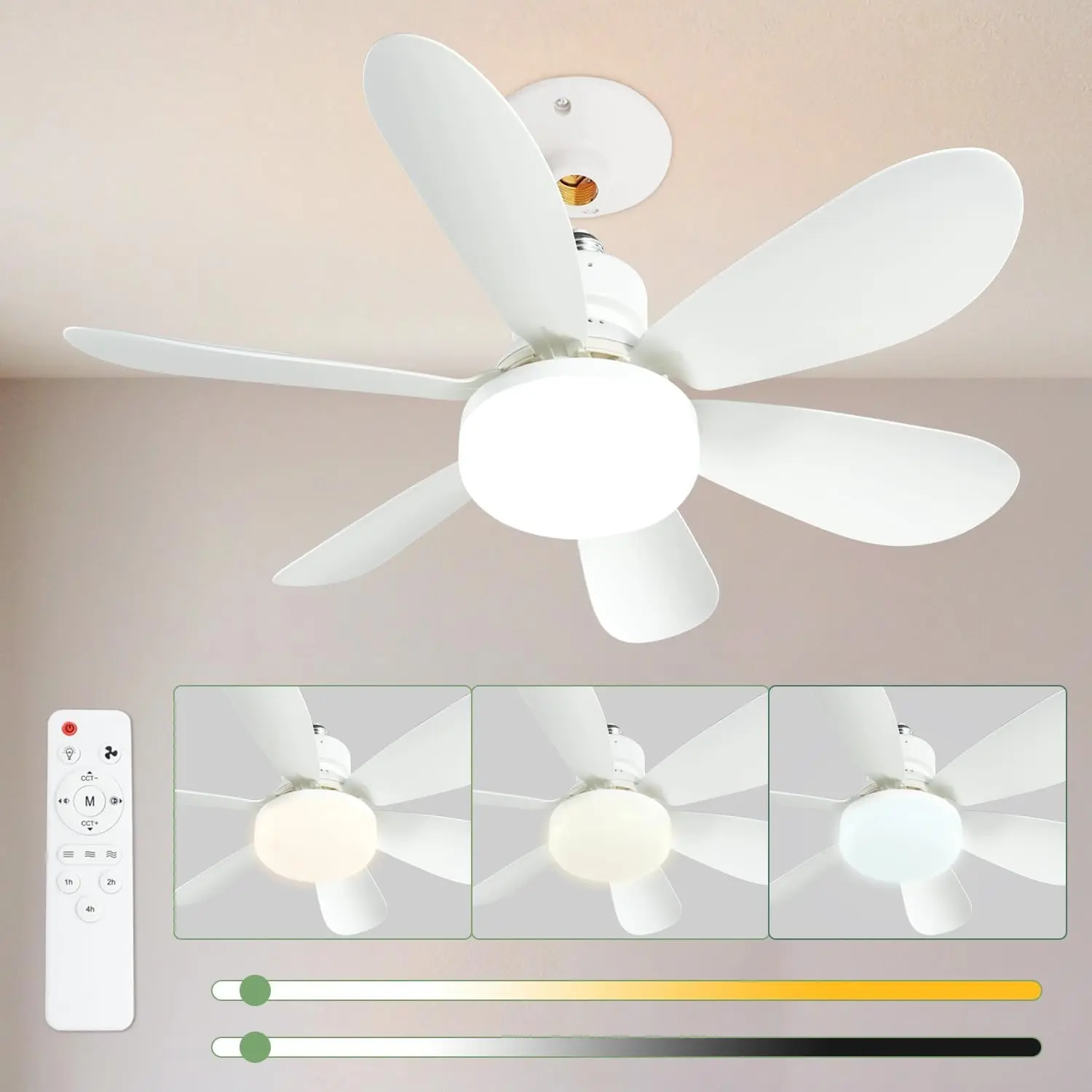 Socket Fan Light with Remote Control, 20.5in Small Ceiling Fan with 3 Speeds, Dimmable Adjustable LEDs, Adjustable Indoor Lighting for Kitchen and Bedroom, Home Ceiling Lighting
