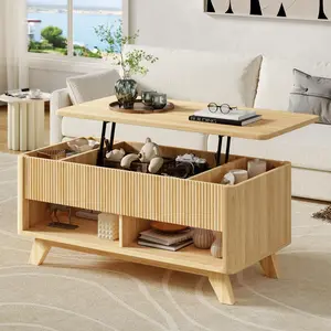 ONBRILL Farmhouse Lift Top Coffee Table, Coffee Table with Hidden Storage Compartment, Fluted Rising Pull up Wood Center for Living Room【BlackFridayDeal】