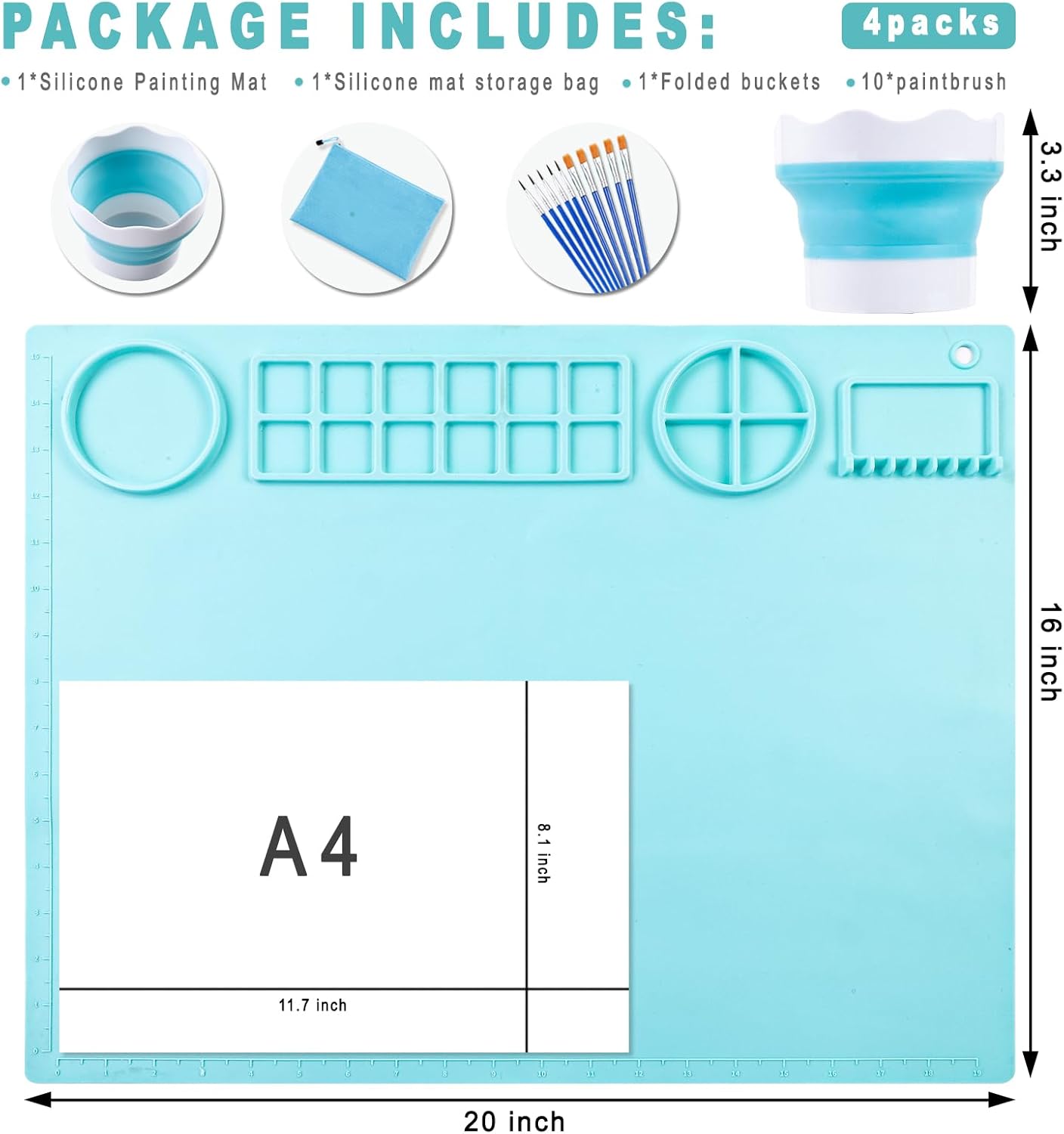 Large 20x16 Silicone Craft Mat with Cup & 10 Brushes - Mess-Free Waterproof Art Mat for Painting, Resin & DIY Crafts - Non-Stick Drawing Pad
