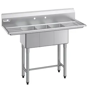VEVOR 3 Compartment Sink, 18-Gauge 304 Stainless Steel, 10" x 14" x 10" Bowl Size, 3 Bay Commercial Kitchen Prep & Utility Sink with 2 Drainboards and Backsplash for Restaurant, Food Truck & Home Use