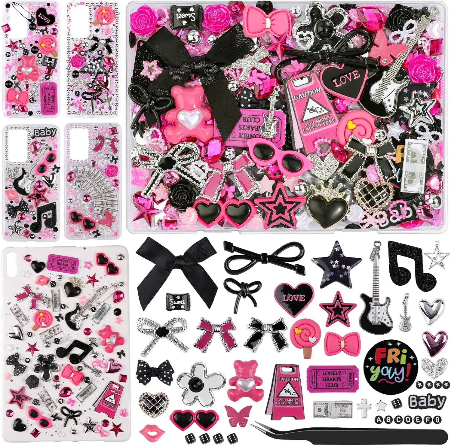 1740 count Junk Case Charms Kit-Junk Phone Case,Letter Beads,Kawaii  Accessories Flatback Beads,,Love,Rhinestones,Candy Bow Charms,DIY Crafts, Bling Glitter Beads, Heart Charm Decor