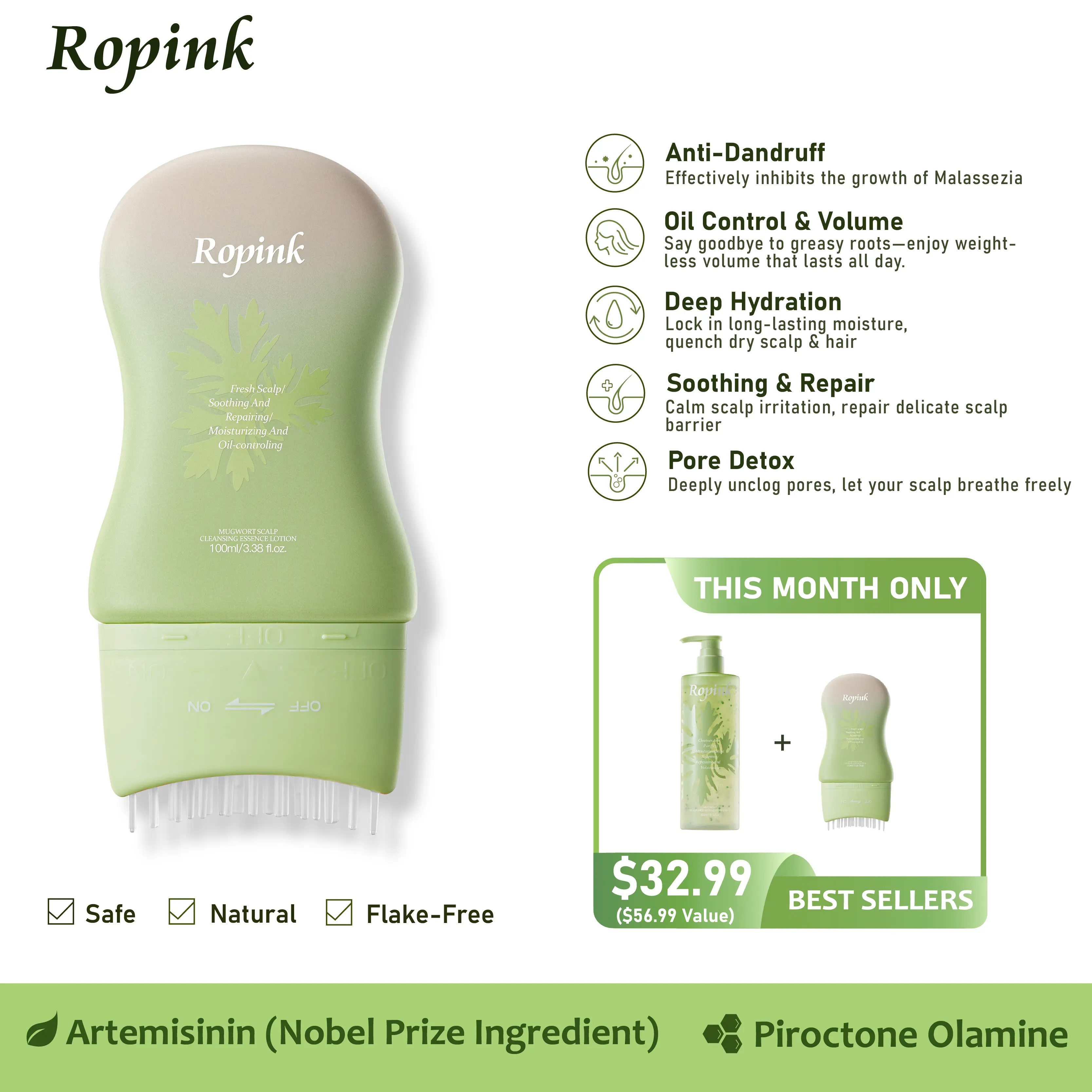 Ropink Mugwort Scalp Detox | 10% Bifida Ferment & OCT Anti-Dandruff Pre-Wash | Soothing Cleanser with Silicone Massage Tip-ads