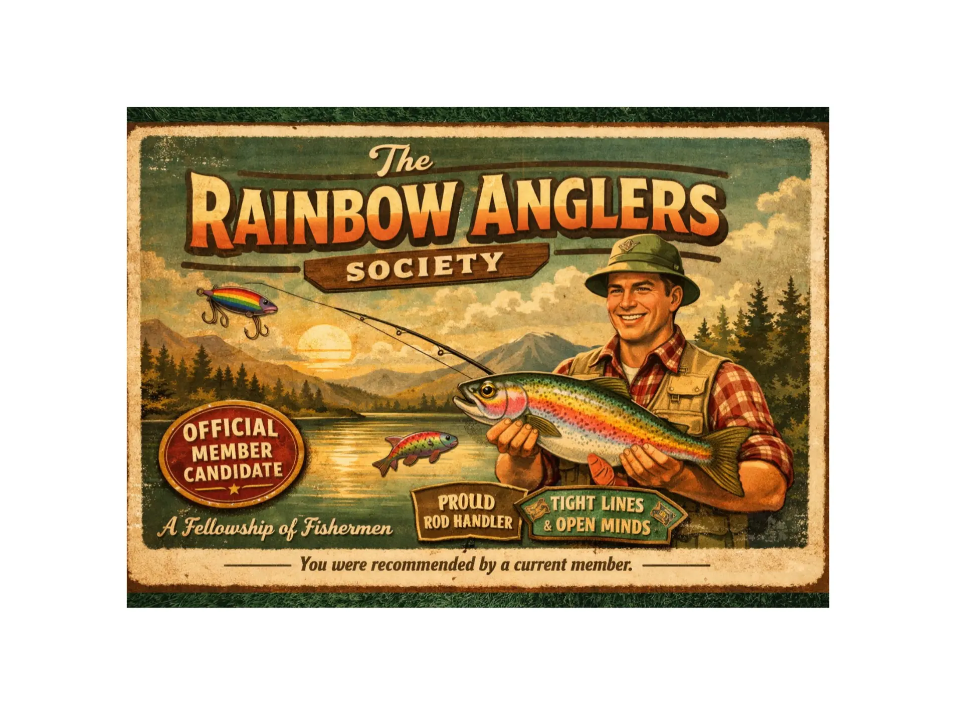 Funny Gay Fisherman Society Prank Postcard – Rainbow Anglers Fishing Club Joke – Anonymous Mail Gag