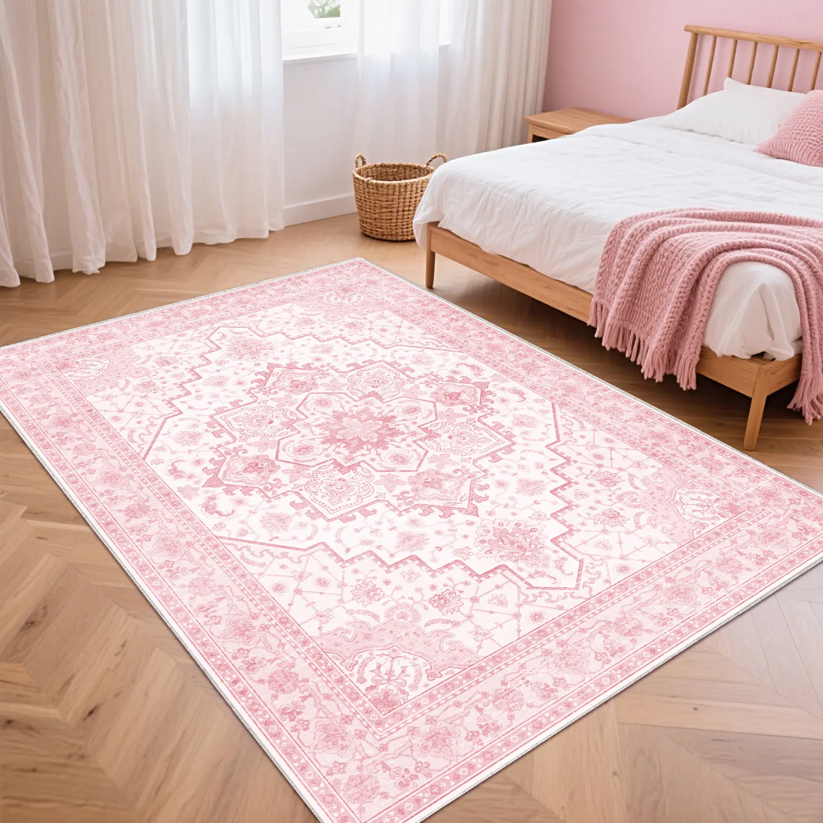 QULINT Pink Bohemian Washable Rugs For Living Room, Soft Low Pile Rug Non Slip Decorative Rug For Bedroom, Performance Rug For Home Decor, Ideal For High Traffic Areas, Gift For Mother's Day, Easter, Housewarming non-shedding boho large carpet rug tiktoks