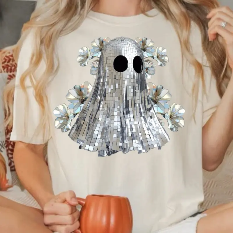 Women's Short-Sleeve Soft Mirror Fabric Disco Ghost Halloween T-Shirt - Boho Vibe Tops, Sparkling Sequin Design, Floral Accents, Casual Everyday Wear