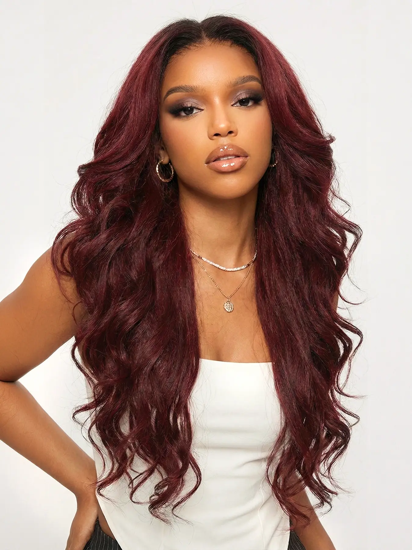 Women's Wine Body Wave Long Wavy Wig, No Bangs Synthetic Heat Resistant Lace Front Wig for Parties & Daily Use, 26 Inch Puffy Hairpiece, Lace Frontal Wig, Wavy Synthetic Wigs