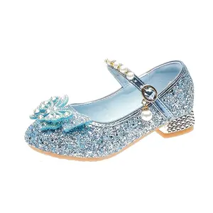 Girls' Sparkling Glitter-Heel Party Shoes with & Floral Accents, Pearl Closure - Light Blue, Pink, White & Silver Princess Dress Shoes/Events, Shoes Girls, Footwear, Star Pattern Design, Durable Tpr Sole
