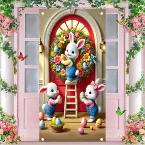 2D Flat Door Banner 1pc, Happy Easter Door Cover, Cute Easter Bunny Decorations, Seasonal Shooting Background, Hanging Decorations