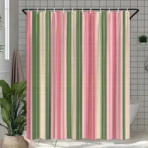 2D Flat 1Pc Vintage Plaid Pattern Shower Curtain - Pink, Green, Cream Color Fiber Fabric, Machine Washable, Comes with 12 Hooks, 71x71inch Bathtub Partition and Home Decoration, Comfortable, Beautiful, and Durable Bathroom Curtain