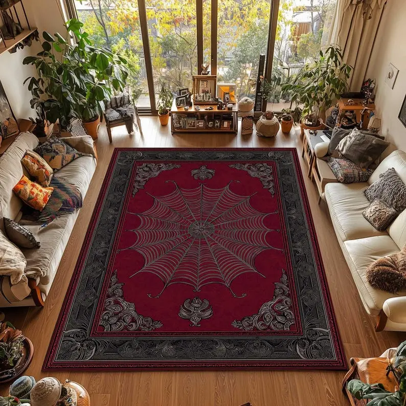 Dark Red Spider Web Rug, Gothic Washable Area Rug, Whimsigoth Living Room Decor, Dark Academia Style Carpet, Cottagecore Goth Rug