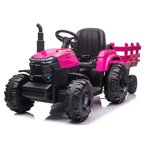 Kids Ride On Tractor with Trailer, 12V Electric Ride On Car with 35W Dual Motors, 3-Speed Gear Shift, LED Lights, Music & USB, Battery Powered Ride On Toy for Boys & Girls Ages 3+, Pink