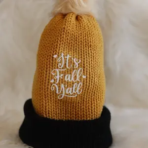 Fall Beanie with Mustard Yellow and Black Color Scheme - "It's Fall Y’all" Design Knitted Hat