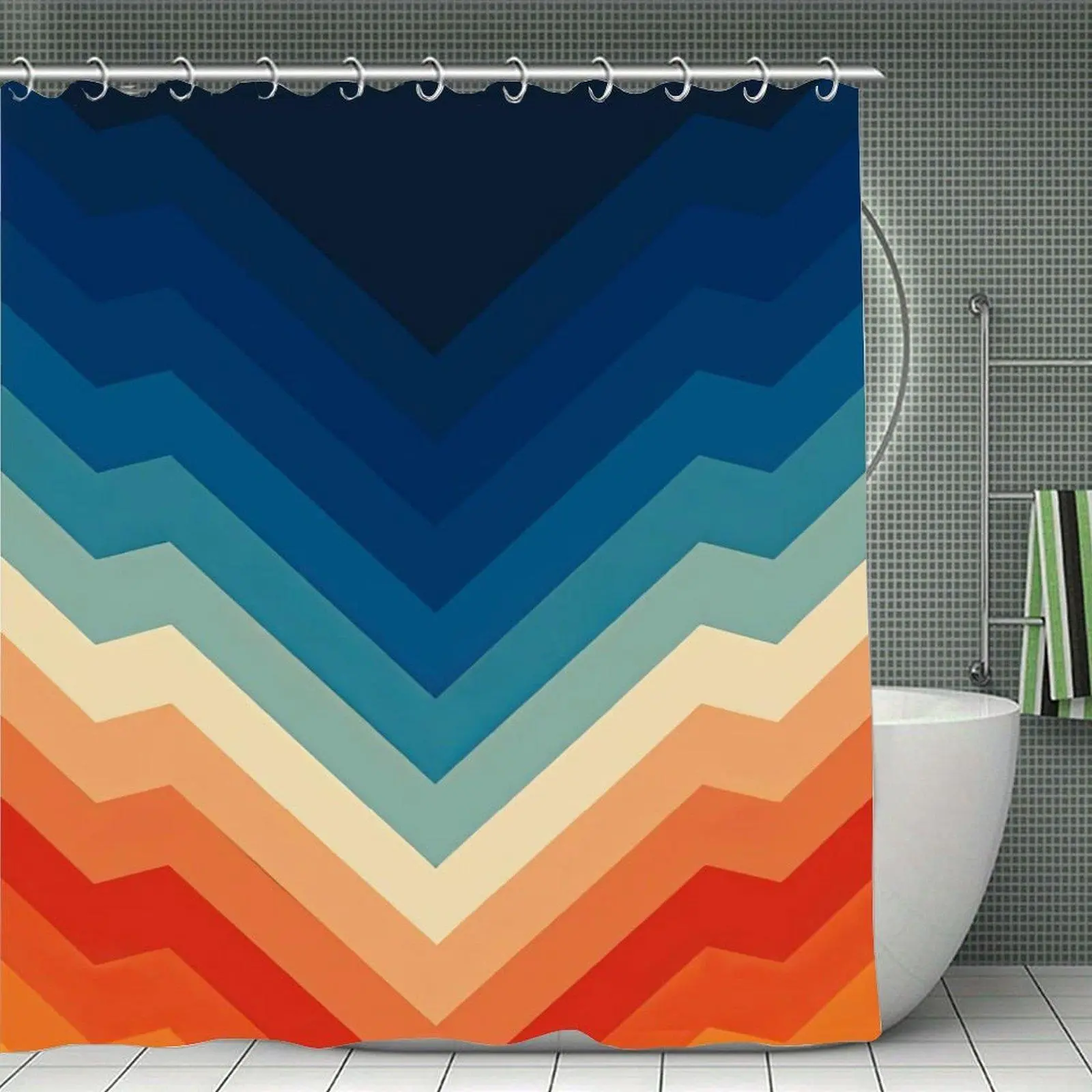 Vintage Retro Blue Orange Chevron Geometric Abstract Pattern Waterproof Shower Curtain