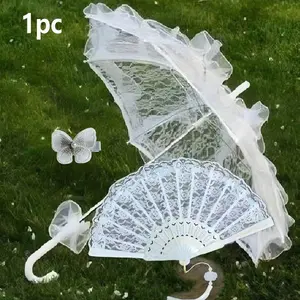 1pc Bridal Wedding Decoration Props Set, Lace Umbrella & Lace Plastic Fan, European Style Wedding Bride Umbrella, Outdoor Wedding Decor, Whimsical Umbrella, Lightweight Umbrella