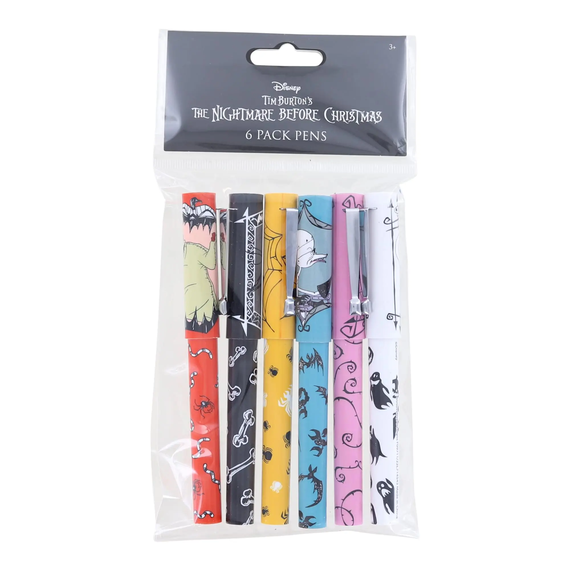 Tim Burton Official Licensed Nightmare Before Christmas Animated Characters Collectible Black Ink Pens, 6-Piece Stationery Bundle Set
