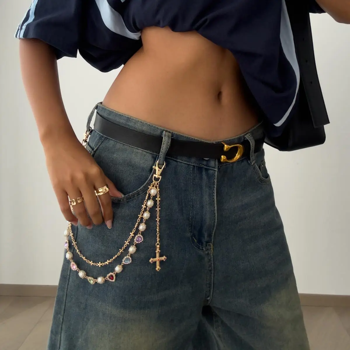 Y2K Goth Streetwear Layered Pants Wallet Chain | Gold Silver Rhinestone Flower Pearl Jean Pocket Chain, Aesthetic Fashion Accessories for Men Women, Ideal Valentine's Day Gift & OOTD Decor