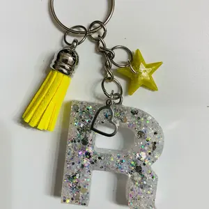 White Glitter Resin “R” Keychain