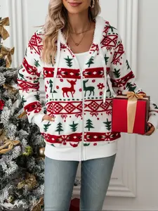Women's Fall Winter Long Sleeve Fitted Coat, Christmas Print Plush Jacket, Cute Style, Perfect for Daily Wear, Ideal Gift