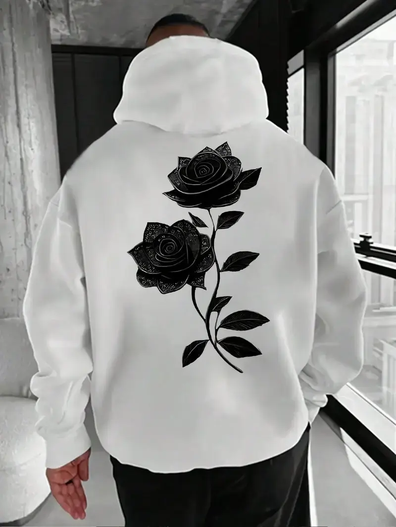 Vintage Grey Sketch Rose Back Print Hoodie, 270G Brushed Fleece Minimal Floral Aesthetic Black Hooded Sweatshirt, Gothic Casual Streetwear Pullover For Men Women