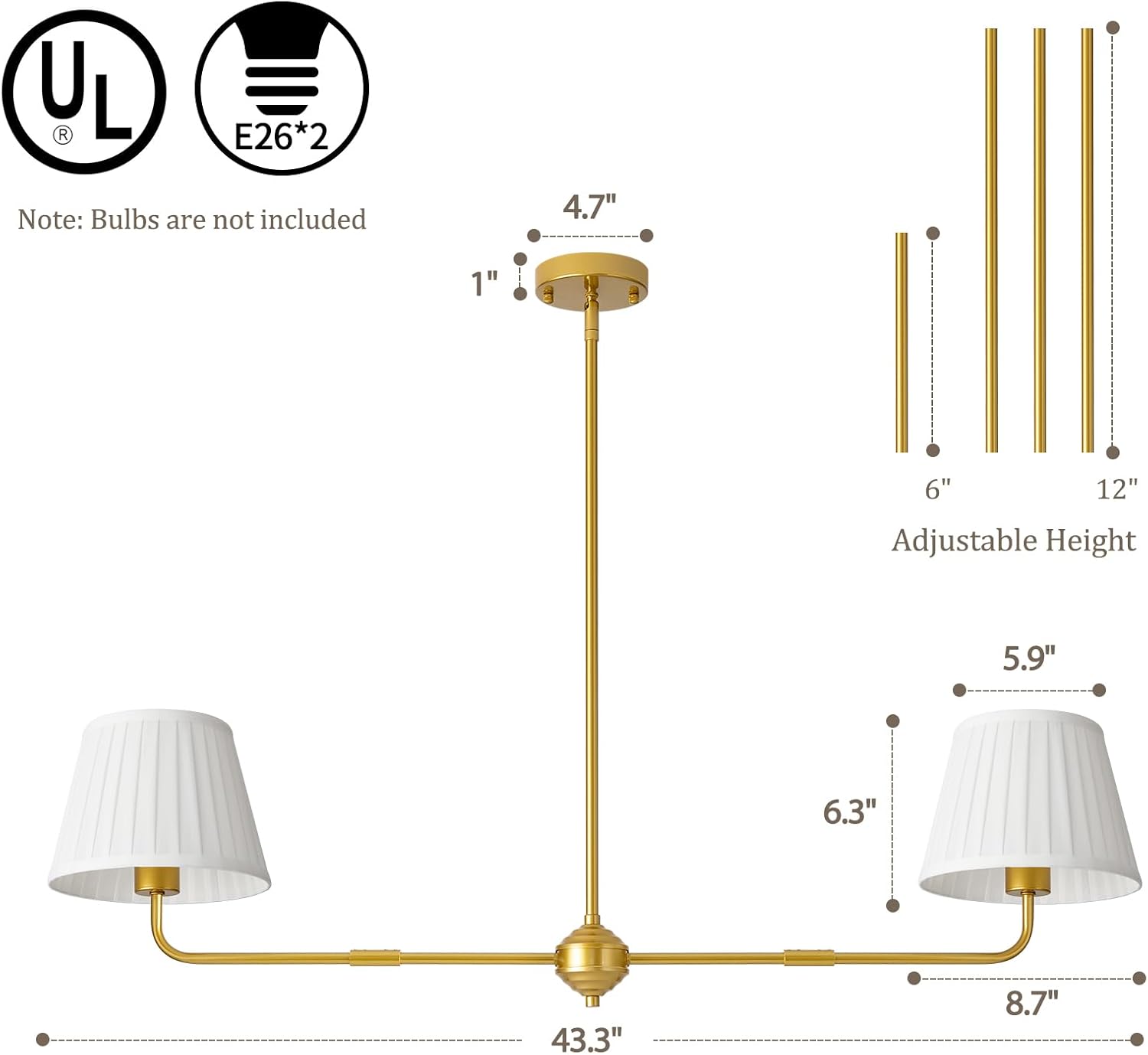 Karjear Gold Linear Chandelier, 43.3" Modern Double Kitchen Island Light with White Fabric Shade for Dining Room Restaurant Living Room