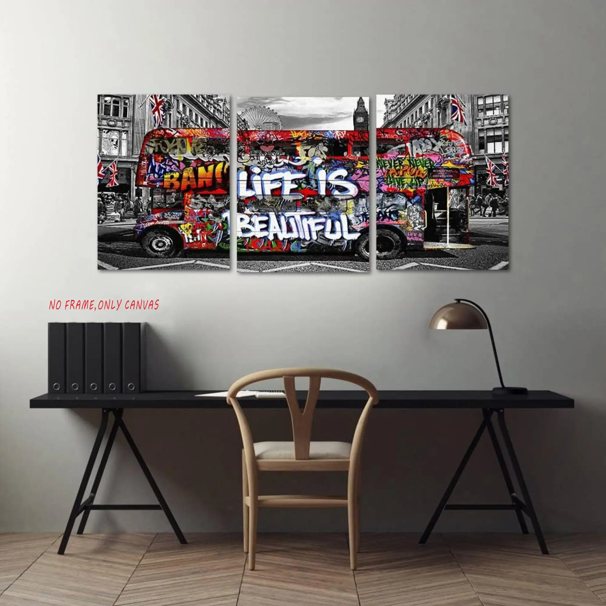 3pc/Modern Living Room Wall Art Banksy Graffiti Bus Canvas Poster Classic Car Abstract Painting Vibrant Street Pop Art Bedroom/Office Decor Frameless Canvas Prints