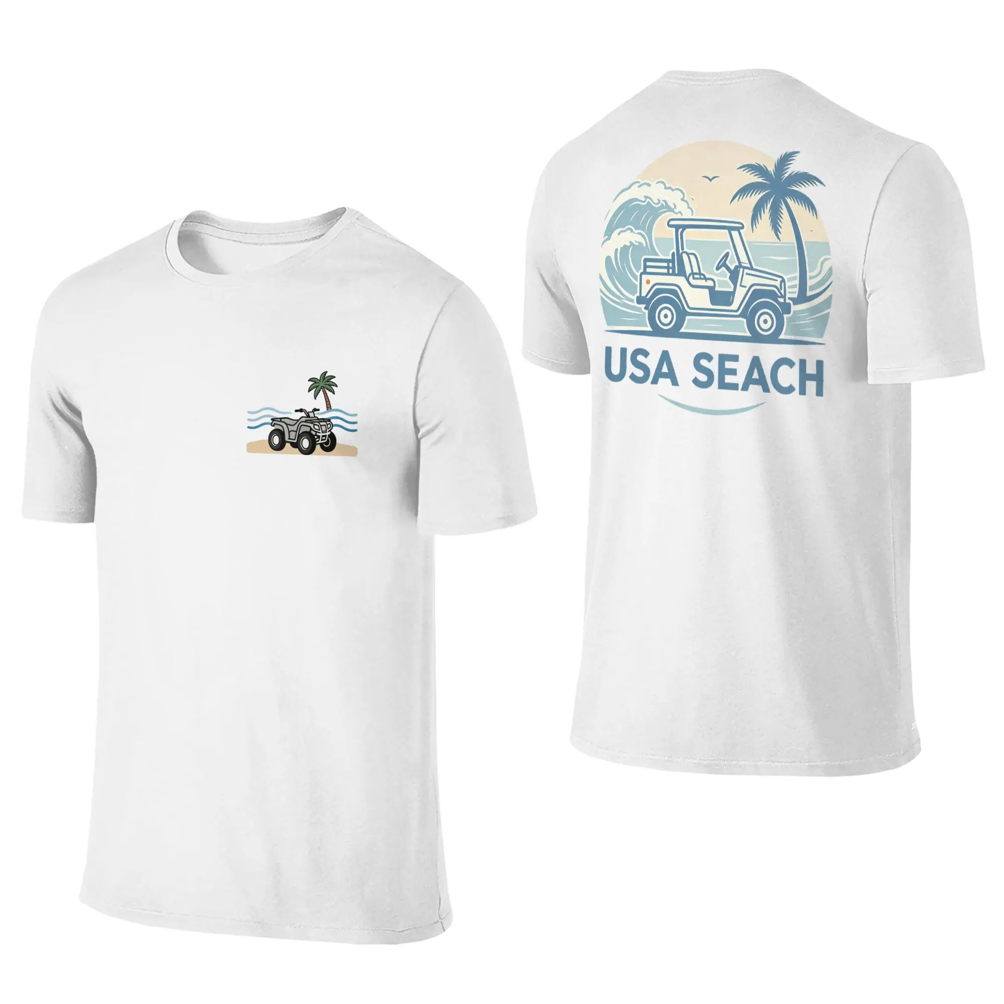 Menswear Oversized Graphic T-Shirt - 100% Cotton Soft Short-Sleeve Round Neck Top, Unisex Tropical Palm Tree ATV Double-Sided Print for Holiday Fitness Summer Wear, Shortsleeve, Loose-Fitting, Garment