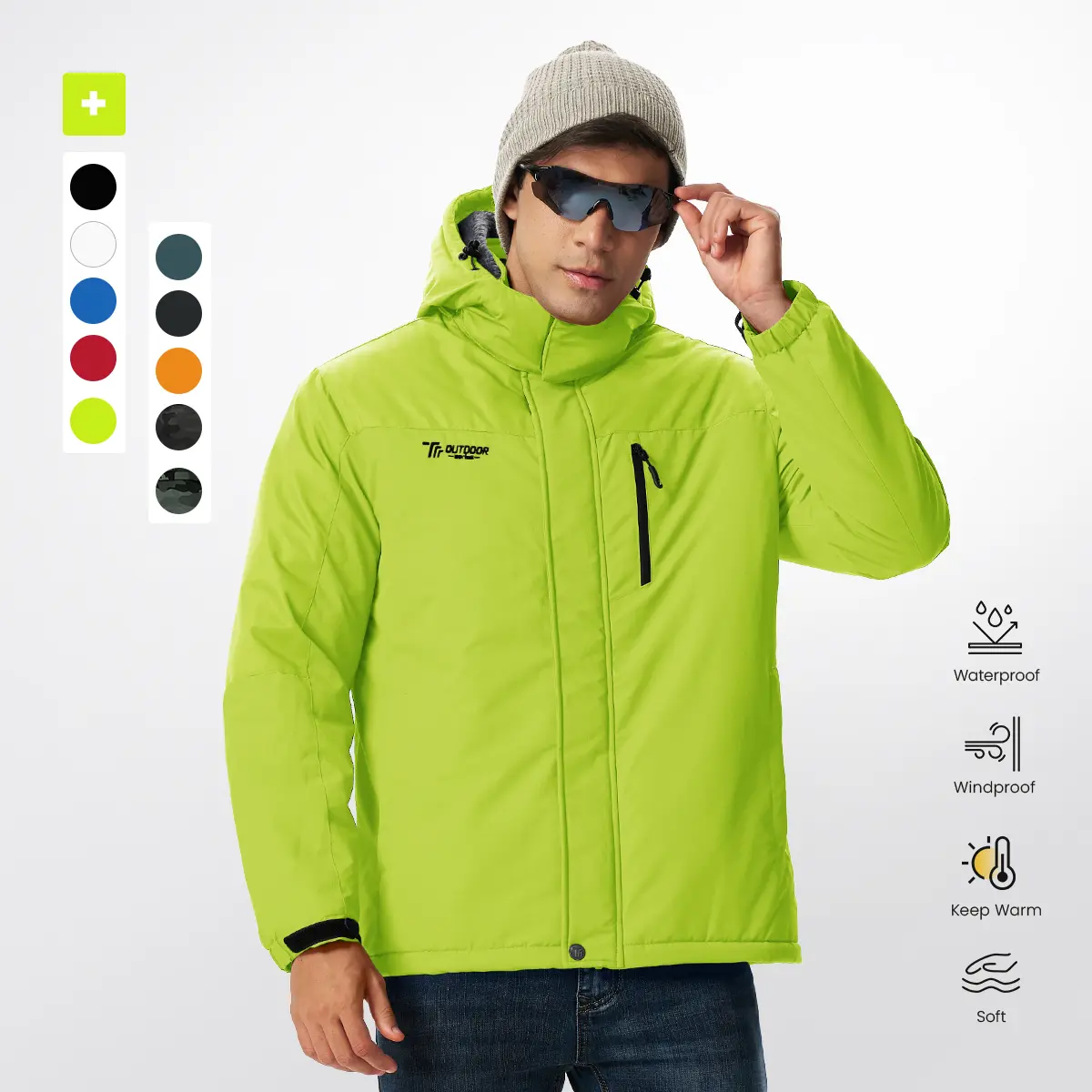GOPUNE Men's Winter Hooded Ski Jacket Waterproof Thick Fleece Lined Warm Snow Coat Cold Weather Utility Outdoor Work Jacket for Ice Fishing Fashion